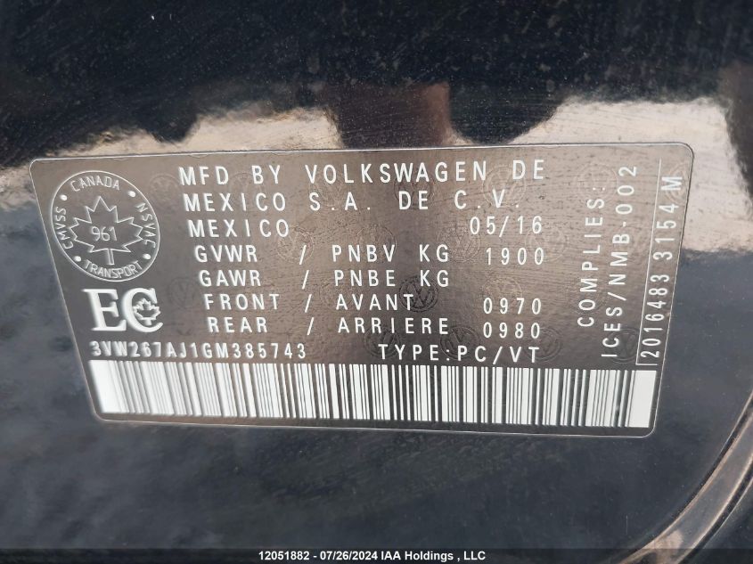 2016 Volkswagen Jetta Sedan VIN: 3VW267AJ1GM385743 Lot: 12051882