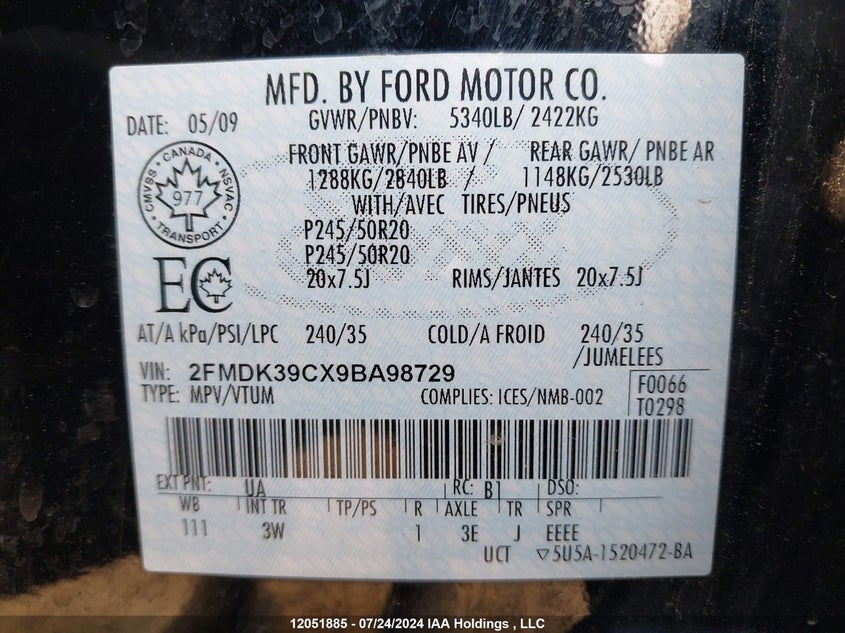 2009 Ford Edge VIN: 2FMDK39CX9BA98729 Lot: 12051885