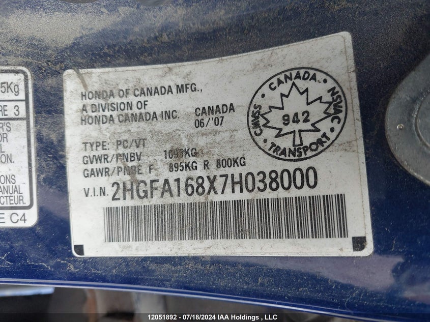 2007 Honda Civic VIN: 2HGFA168X7H038000 Lot: 12051892