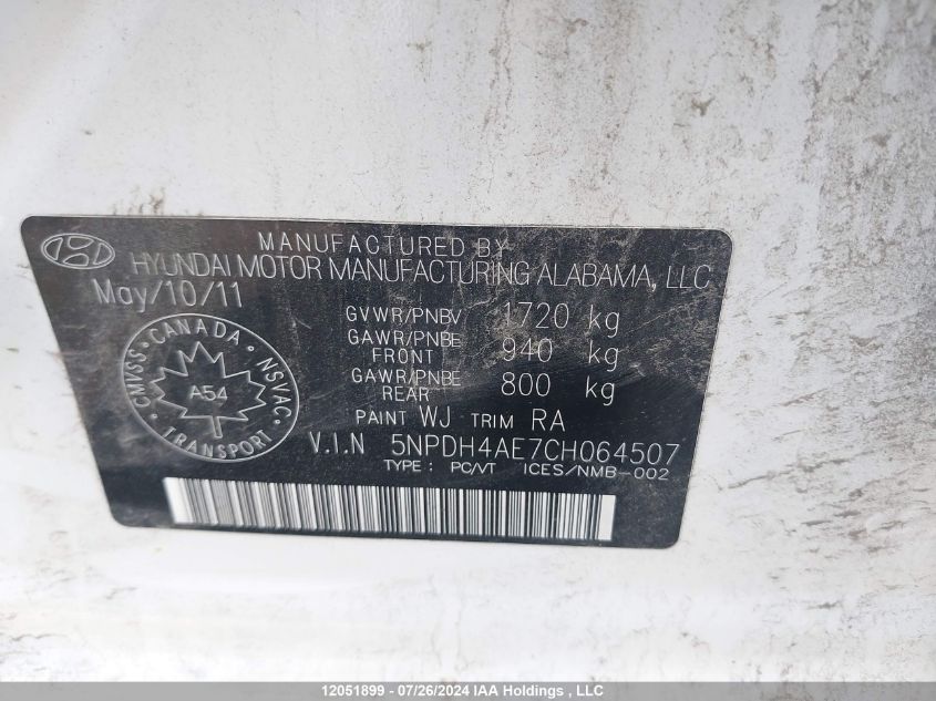 2012 Hyundai Elantra VIN: 5NPDH4AE7CH064507 Lot: 12051899