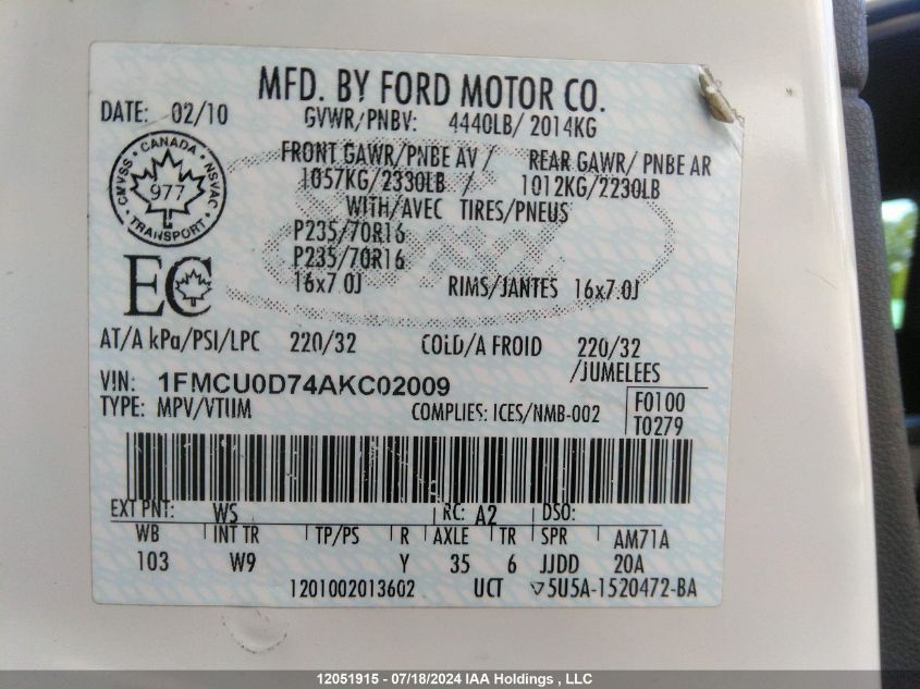 2010 Ford Escape VIN: 1FMCU0D74AKC02009 Lot: 12051915