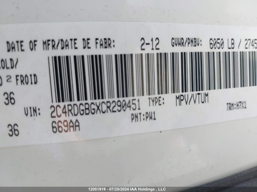 2012 Dodge Grand Caravan Se VIN: 2C4RDGBGXCR290451 Lot: 12051919