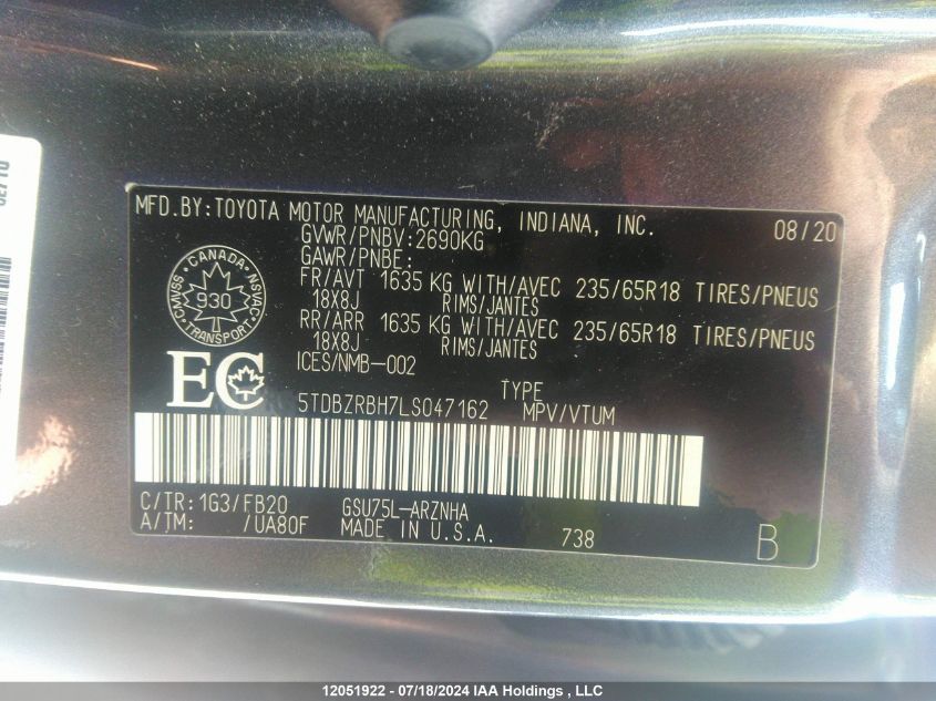 2020 Toyota Highlander VIN: 5TDBZRBH7LS047162 Lot: 12051922