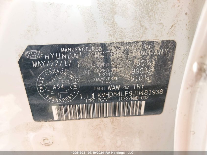 2018 Hyundai Elantra Sel/Value/Limited VIN: KMHD84LF9JU481938 Lot: 12051923