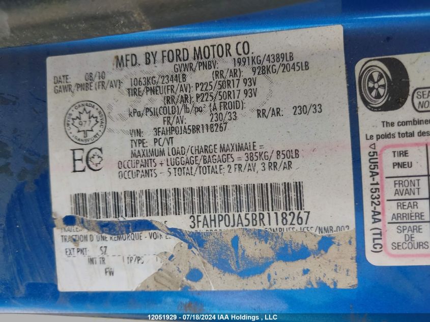 2011 Ford Fusion Sel VIN: 3FAHP0JA5BR118267 Lot: 12051929