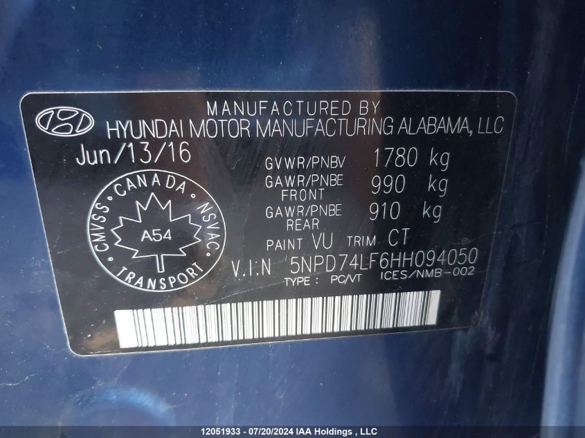 2017 Hyundai Elantra Le VIN: 5NPD74LF6HH094050 Lot: 12051933