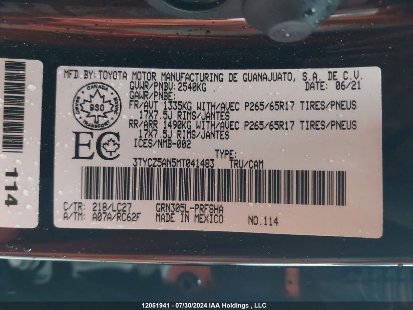 2021 Toyota Tacoma Nightshade VIN: 3TYCZ5AN5MT041483 Lot: 12051941