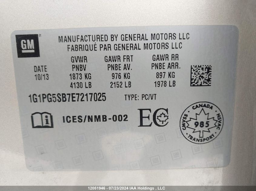 2014 Chevrolet Cruze VIN: 1G1PG5SB7E7217025 Lot: 12051946