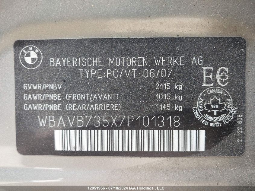 2007 BMW 3 Series VIN: WBAVB735X7P101318 Lot: 12051956