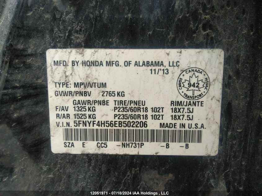 2014 Honda Pilot VIN: 5FNYF4H56EB502206 Lot: 12051971
