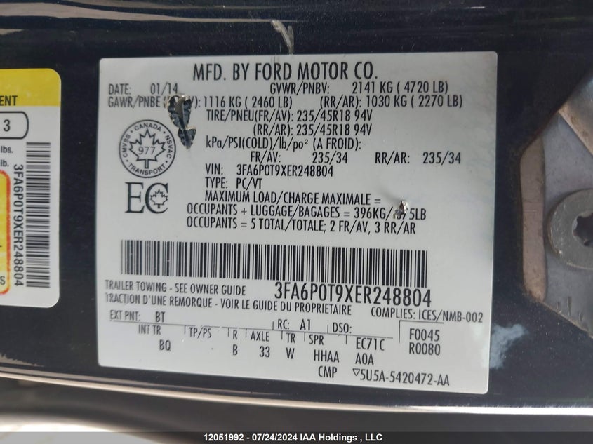 2014 Ford Fusion Se VIN: 3FA6P0T9XER248804 Lot: 12051992