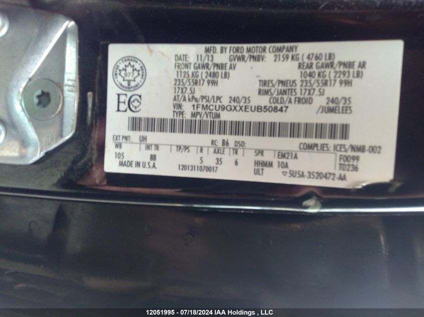 2014 Ford Escape Se VIN: 1FMCU9GXXEUB50847 Lot: 12051995