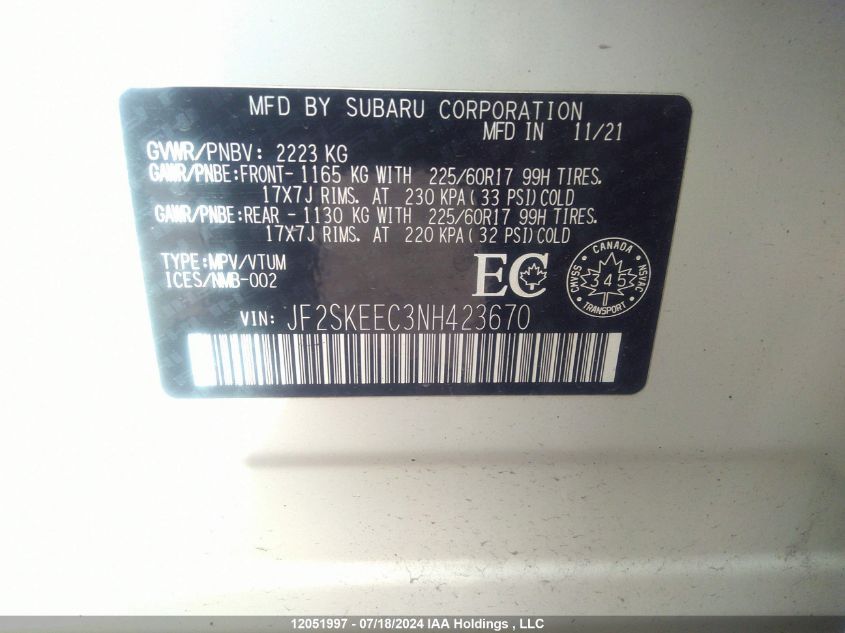 2022 Subaru Forester Premium VIN: JF2SKEEC3NH423670 Lot: 12051997
