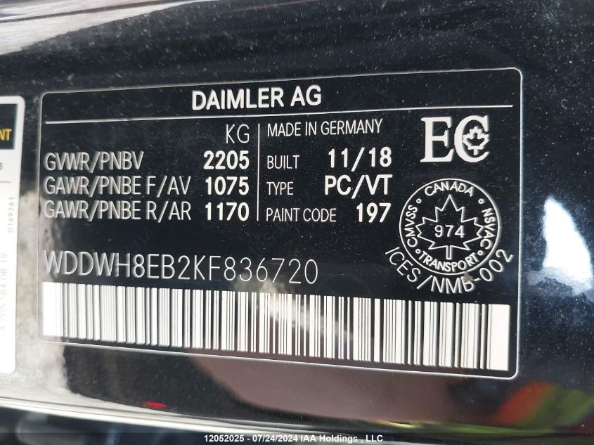 2019 Mercedes-Benz C-Class VIN: WDDWH8EB2KF836720 Lot: 12052025