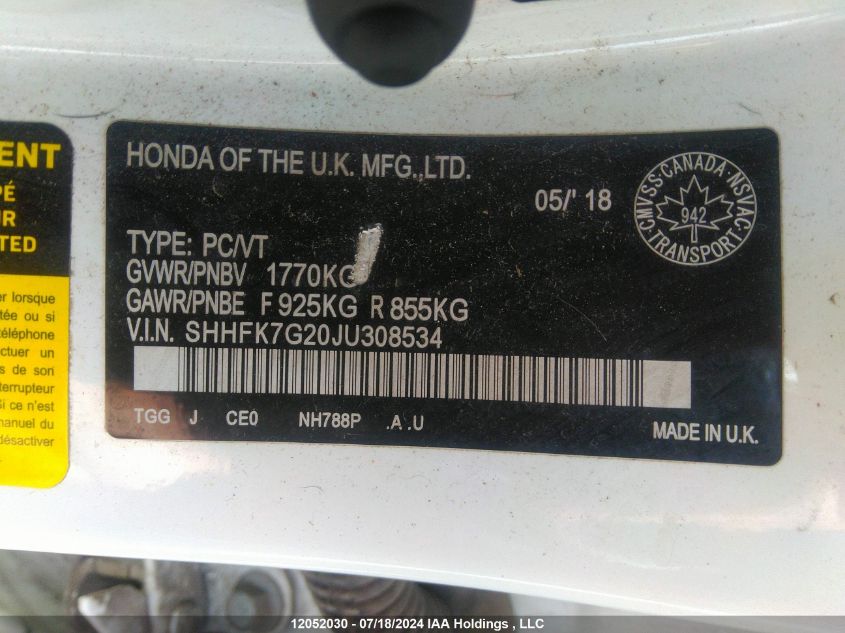 2018 Honda Civic Hatchback VIN: SHHFK7G20JU308534 Lot: 12052030