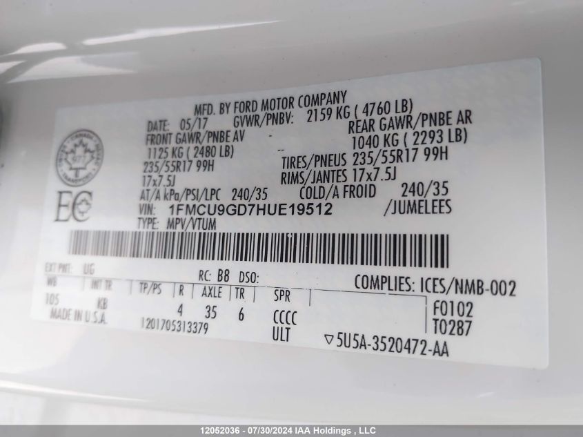 2017 Ford Escape Se VIN: 1FMCU9GD7HUE19512 Lot: 12052036