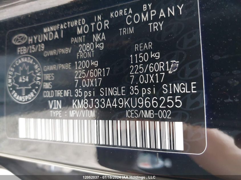 2019 Hyundai Tucson Limited/Sel/Sport/Ultimate/Value/Night VIN: KM8J33A49KU966255 Lot: 12052037