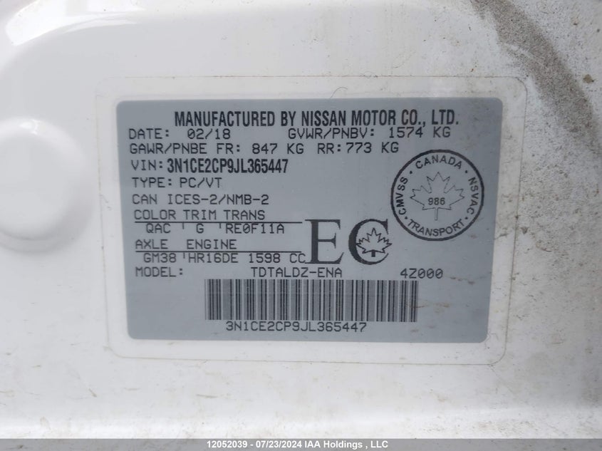 2018 Nissan Versa Note VIN: 3N1CE2CP9JL365447 Lot: 12052039