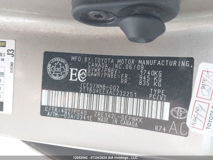 2010 Toyota Corolla VIN: 2T1BU4EEXAC232251 Lot: 12052042