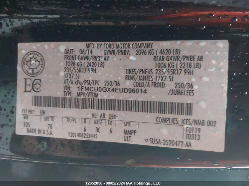 2014 Ford Escape VIN: 1FMCU0GX4EUD96014 Lot: 12052056