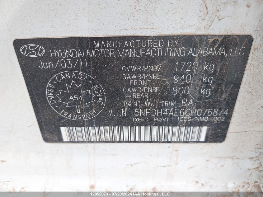 2012 Hyundai Elantra Gls/Limited VIN: 5NPDH4AE6CH076874 Lot: 12052073