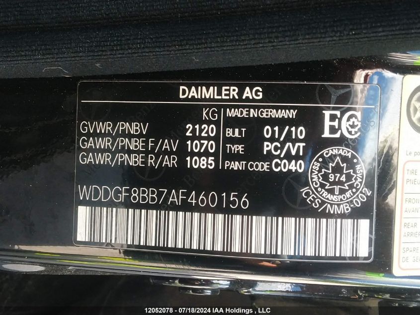 2010 Mercedes-Benz C-Class VIN: WDDGF8BB7AF460156 Lot: 12052078