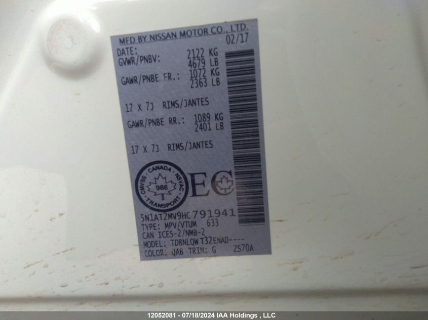 2017 Nissan Rogue VIN: 5N1AT2MV9HC791941 Lot: 12052081