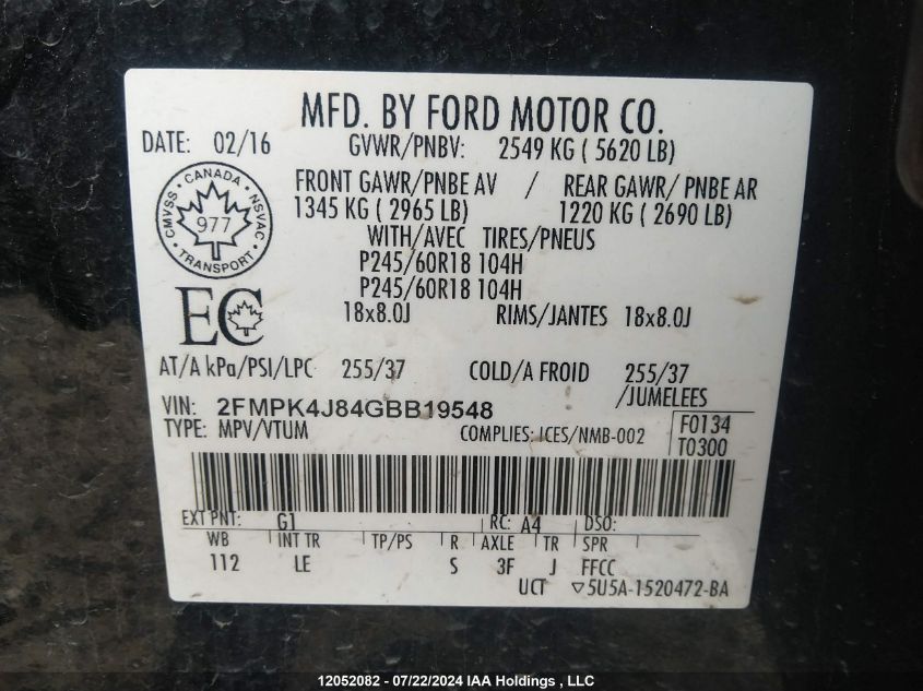 2016 Ford Edge Sel VIN: 2FMPK4J84GBB19548 Lot: 12052082