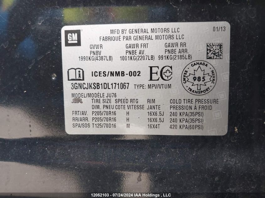 2013 Chevrolet Trax VIN: 3GNCJKSB1DL171067 Lot: 12052103