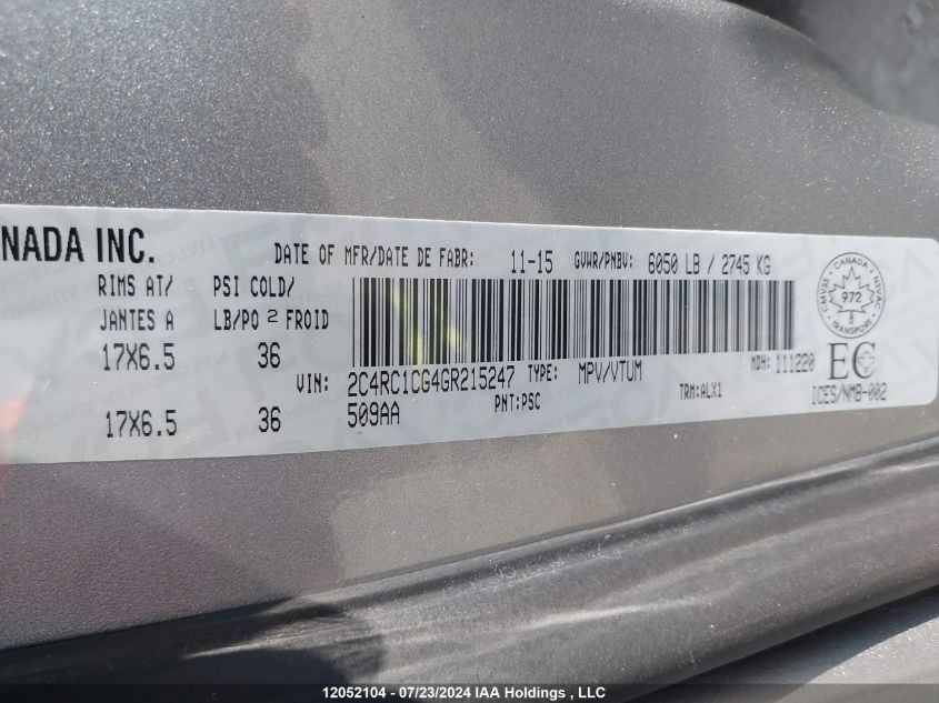 2016 Chrysler Town & Country Touring-L VIN: 2C4RC1CG4GR215247 Lot: 12052104