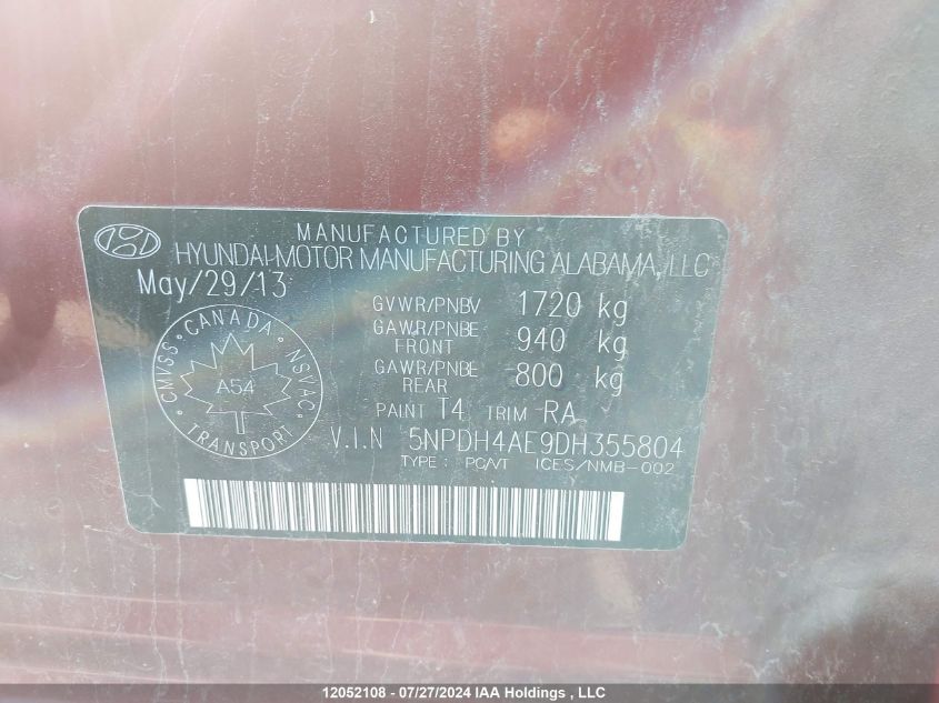 2013 Hyundai Elantra Gl VIN: 5NPDH4AE9DH355804 Lot: 12052108