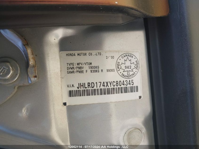 2000 Honda Cr-V Lx VIN: JHLRD174XYC804345 Lot: 12052114