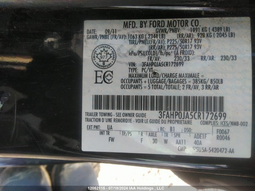 2012 Ford Fusion VIN: 3FAHP0JA5CR172699 Lot: 12052115