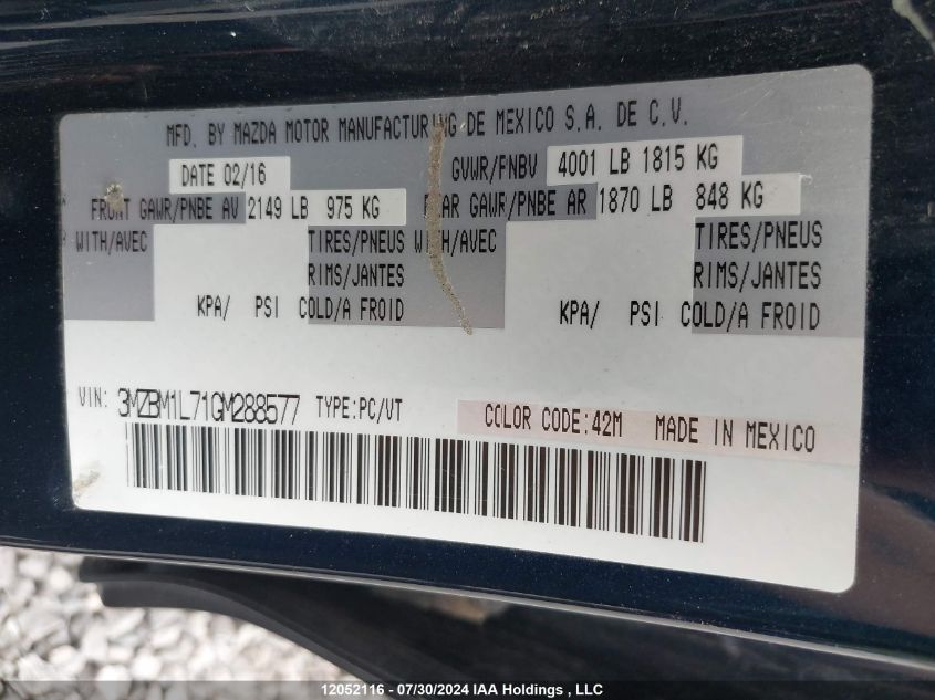 2016 Mazda 3 Touring VIN: 3MZBM1L71GM288577 Lot: 12052116