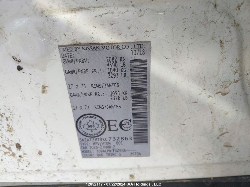 2019 Nissan Rogue VIN: 5N1AT2MT9KC732863 Lot: 12052117