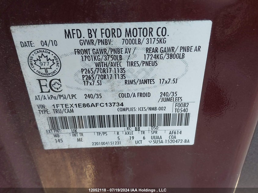 2010 Ford F-150 Stx/Xl/Xlt VIN: 1FTEX1E86AFC13734 Lot: 12052118