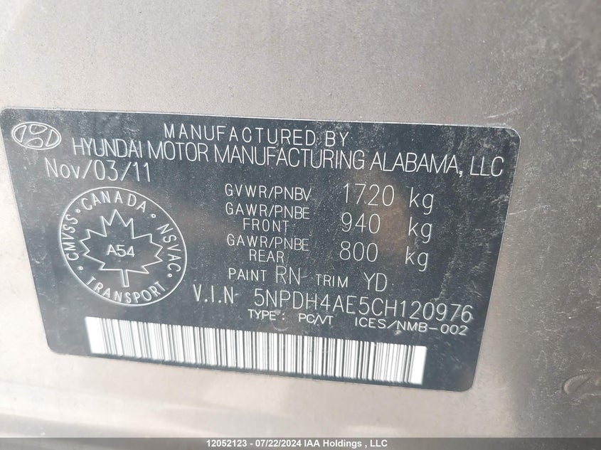 2012 Hyundai Elantra Gls/Limited VIN: 5NPDH4AE5CH120976 Lot: 12052123