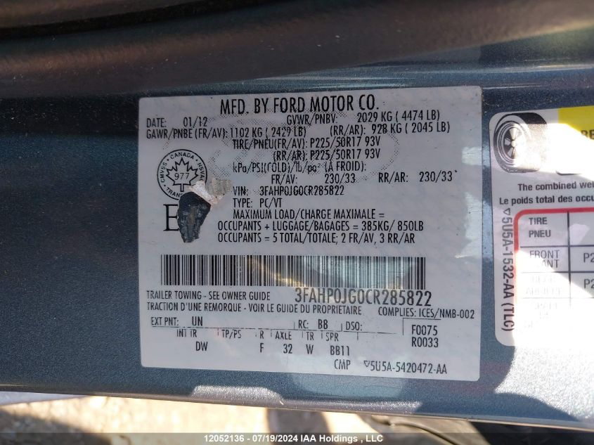 2012 Ford Fusion VIN: 3FAHP0JG0CR285822 Lot: 12052136