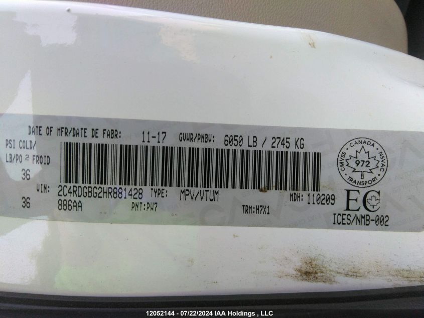 2017 Dodge Grand Caravan Cvp/Sxt VIN: 2C4RDGBG2HR881428 Lot: 12052144