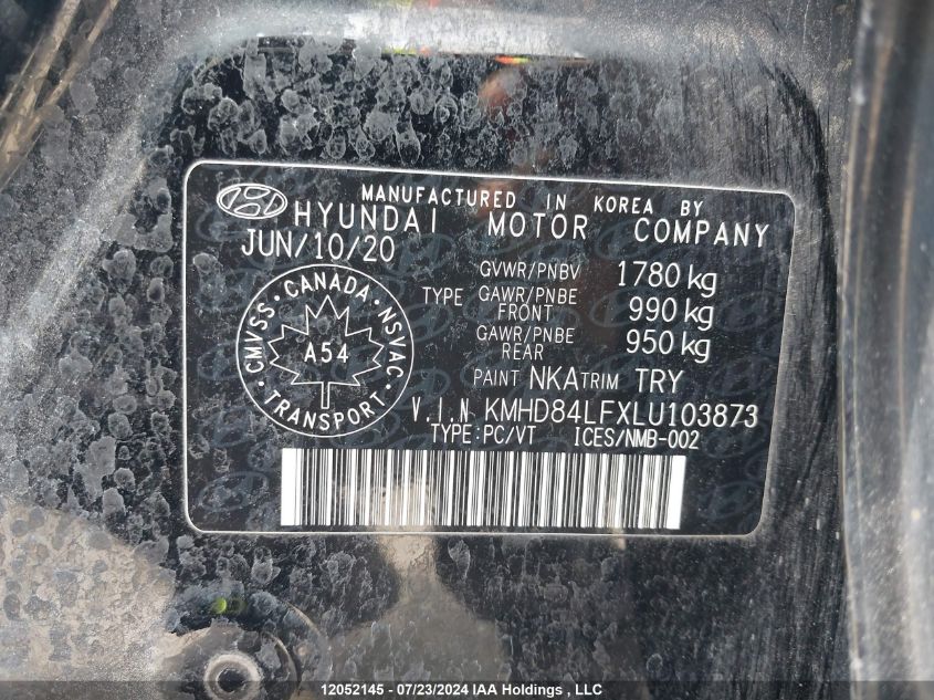 2020 Hyundai Elantra VIN: KMHD84LFXLU103873 Lot: 12052145