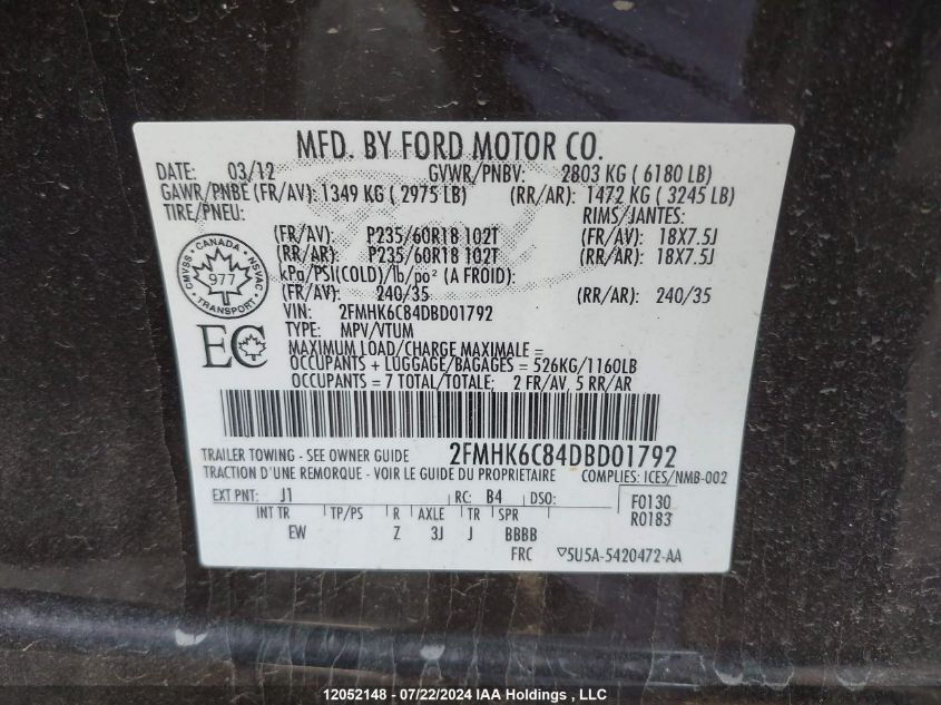 2013 Ford Flex Sel VIN: 2FMHK6C84DBD01792 Lot: 12052148