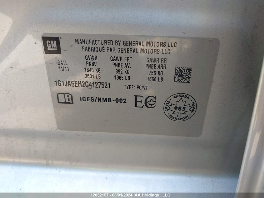 2012 Chevrolet Sonic VIN: 1G1JA6EH2C4127521 Lot: 12052157