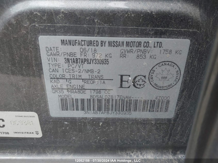 2018 Nissan Sentra VIN: 3N1AB7AP8JY330935 Lot: 12052158