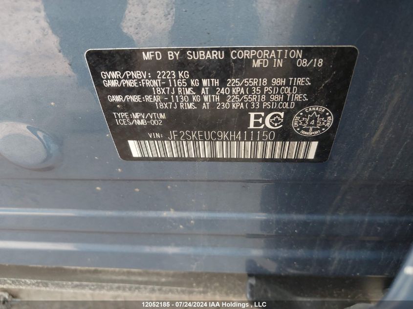 2019 Subaru Forester VIN: JF2SKEUC9KH411150 Lot: 12052185