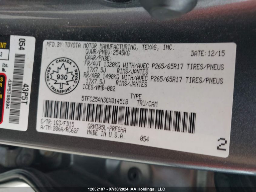 2016 Toyota Tacoma Trd Sport VIN: 5TFCZ5AN3GX014518 Lot: 12052187