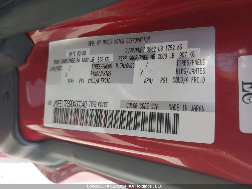 2009 Mazda Rx8 VIN: JM1FE17P390400040 Lot: 12052206