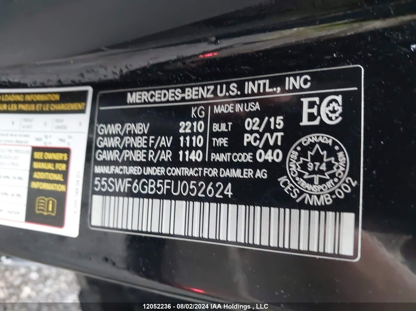 2015 Mercedes-Benz C 400 4Mati VIN: 55SWF6GB5FU052624 Lot: 12052236