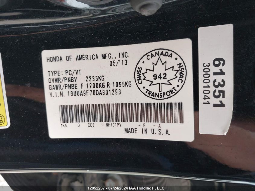 2013 Acura Tl Advance VIN: 19UUA9F70DA801293 Lot: 12052237