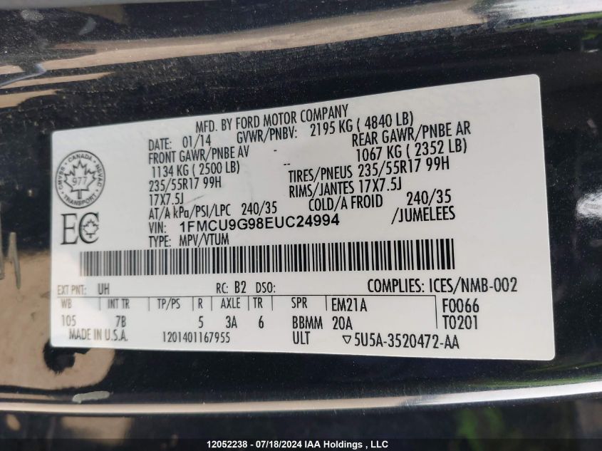 2014 Ford Escape Se VIN: 1FMCU9G98EUC24994 Lot: 12052238