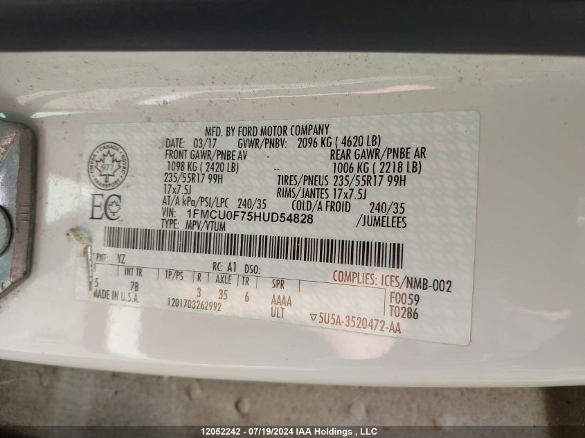 2017 Ford Escape S VIN: 1FMCU0F75HUD54828 Lot: 12052242